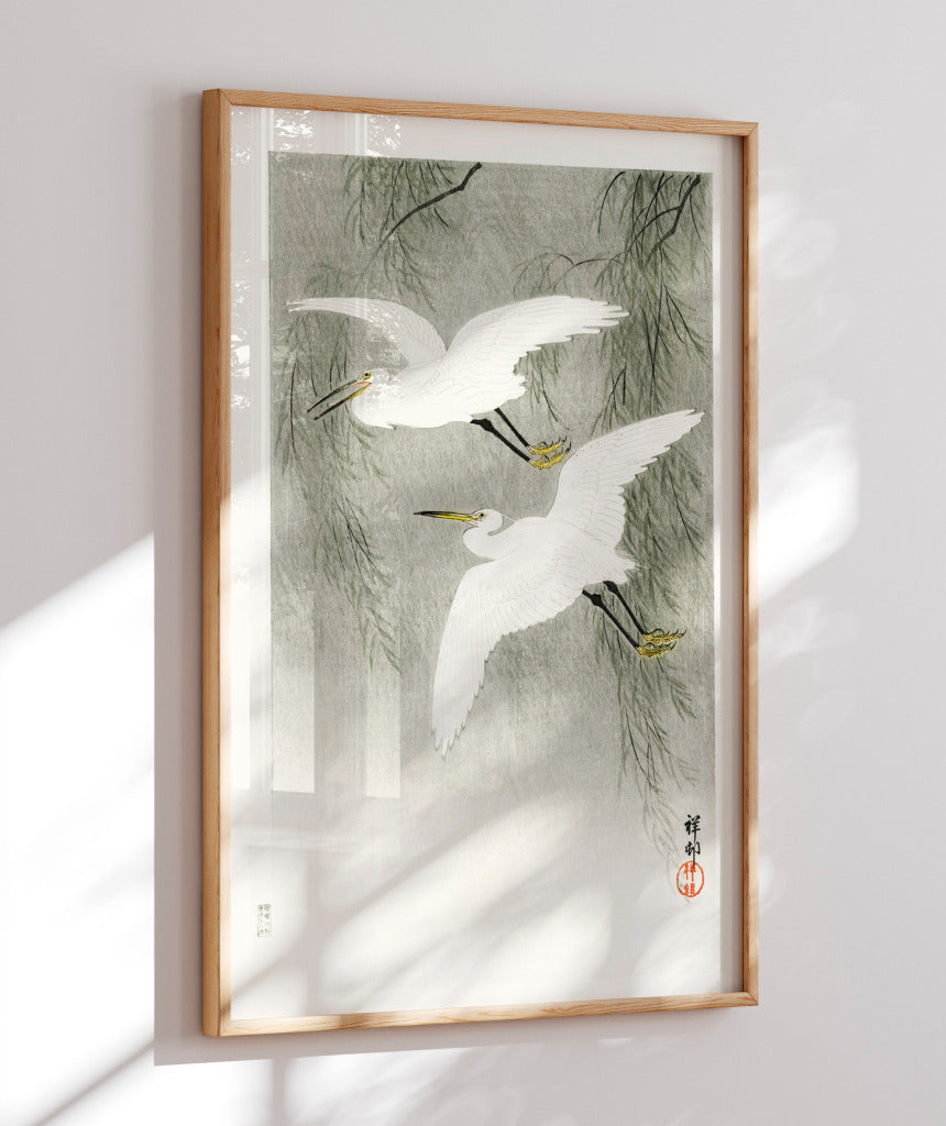 Garças na chuva por Ohara Koson