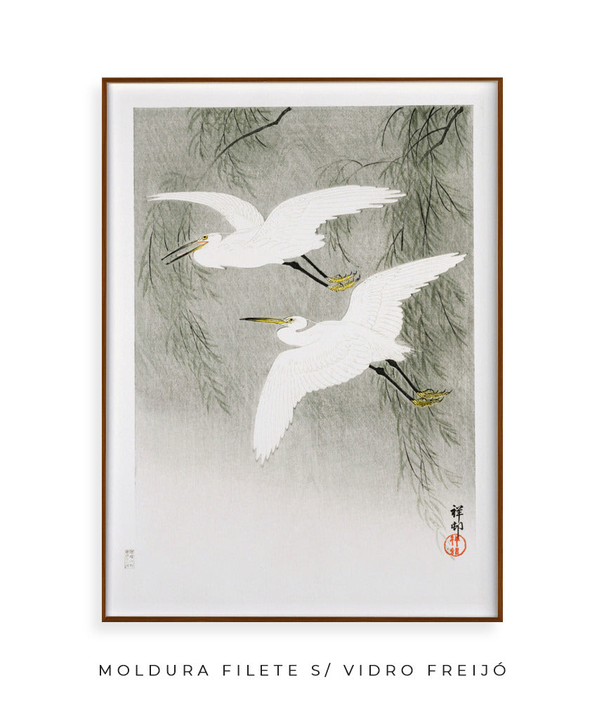 Garças na chuva por Ohara Koson