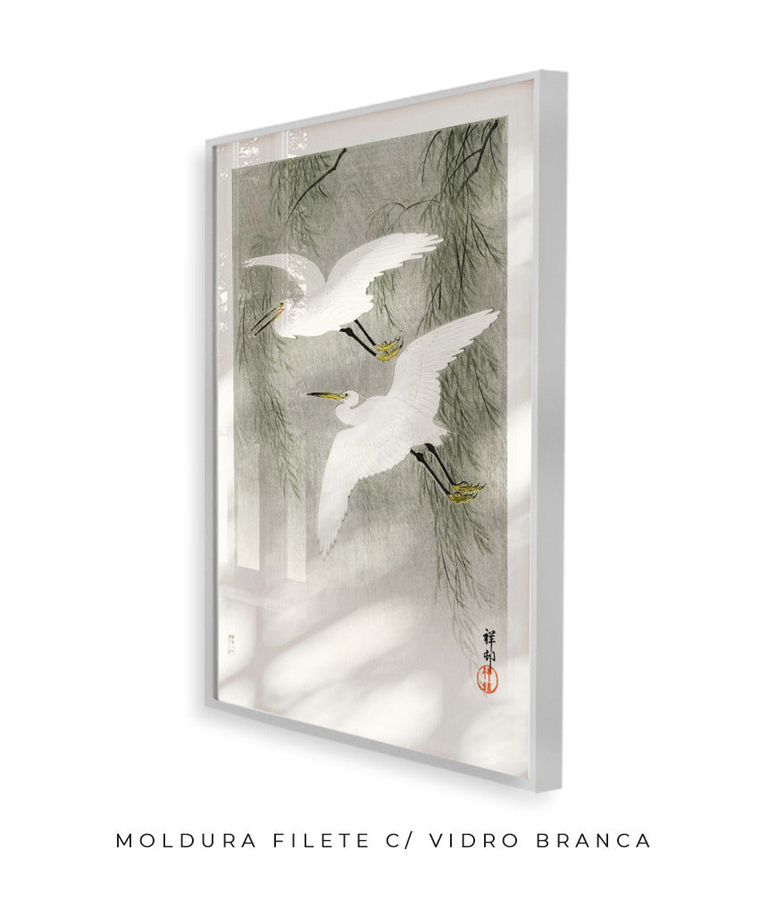 Garças na chuva por Ohara Koson