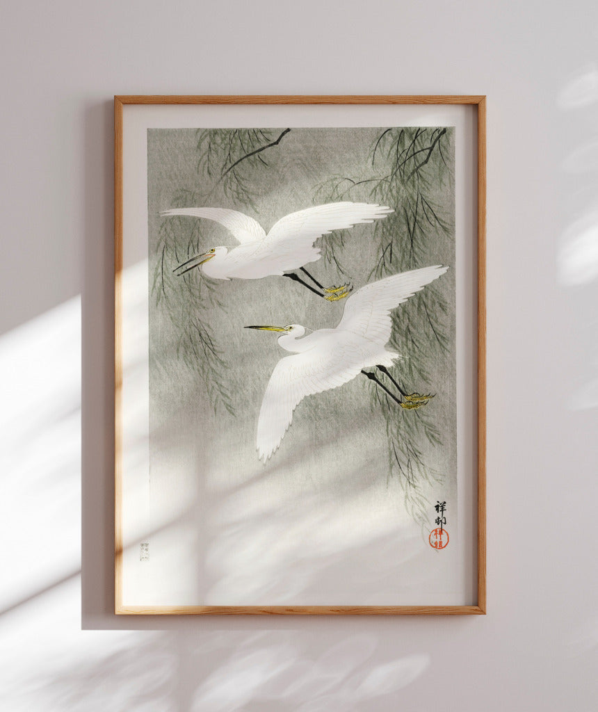 Garças na chuva por Ohara Koson