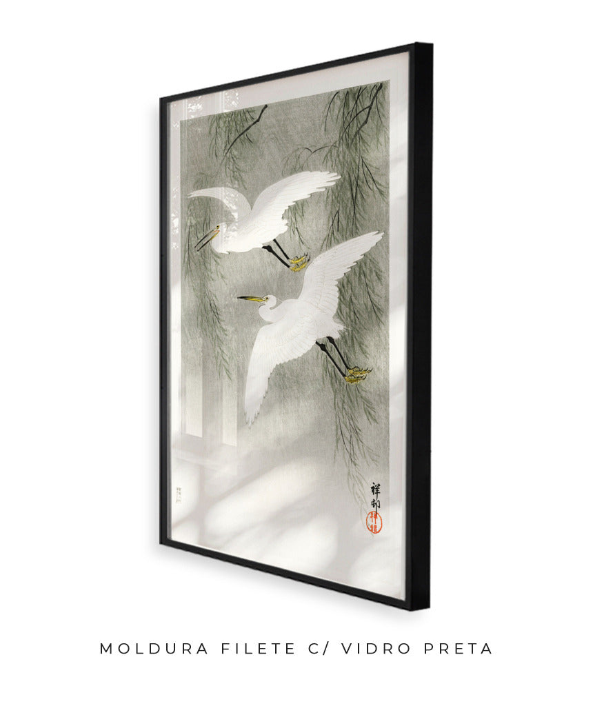 Garças na chuva por Ohara Koson