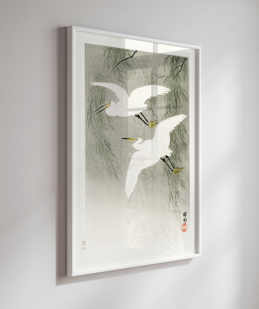 Garças na chuva por Ohara Koson