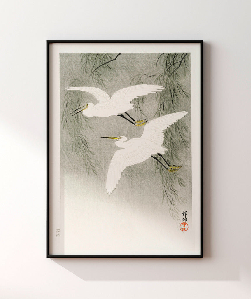 Garças na chuva por Ohara Koson
