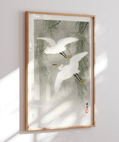 Garças na chuva por Ohara Koson