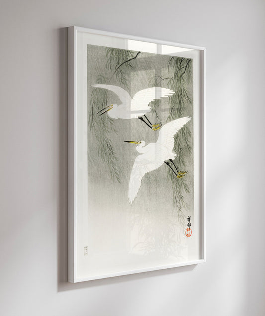 Garças na chuva por Ohara Koson