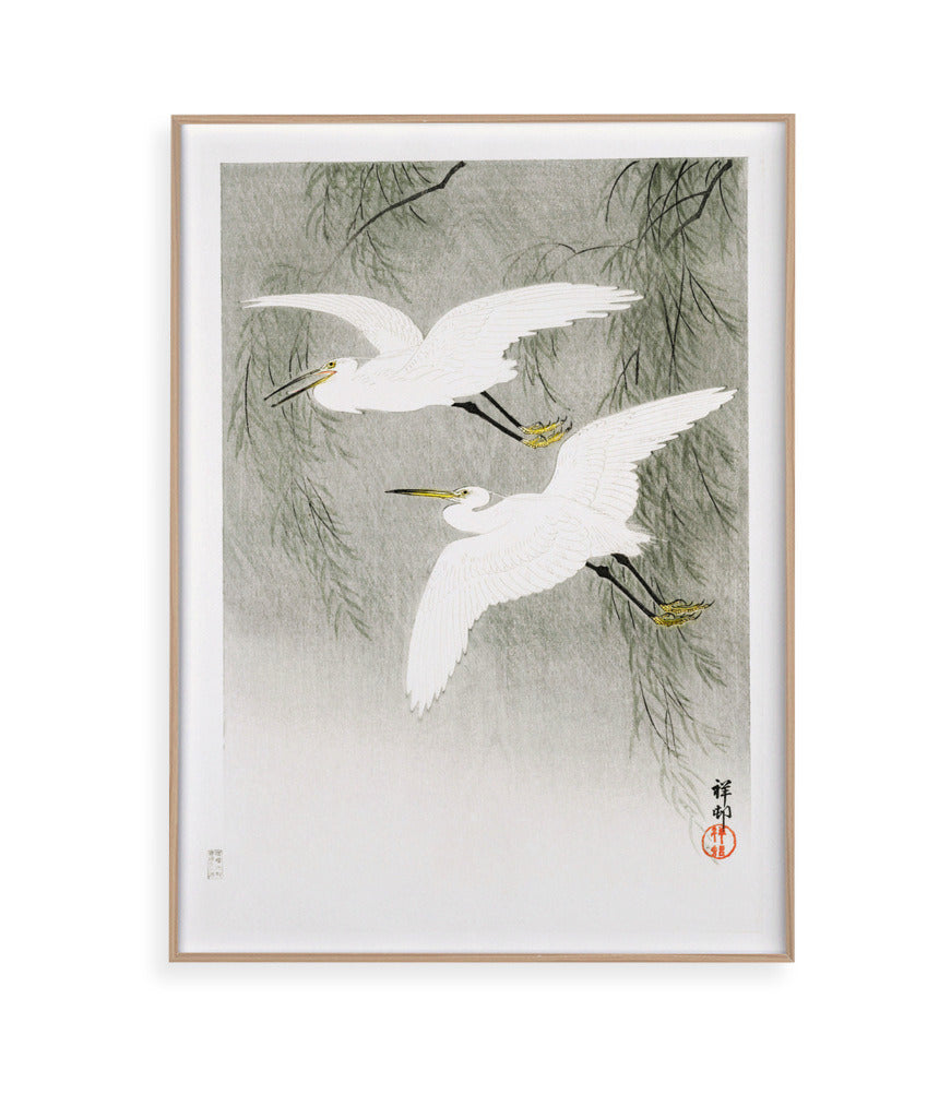 Garças na chuva por Ohara Koson