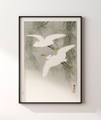 Garças na chuva por Ohara Koson